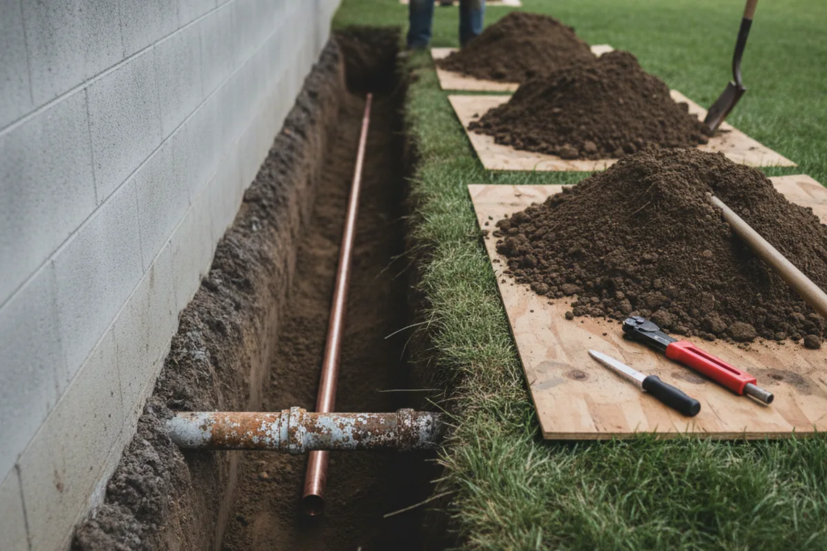 Excavated water line trench during Sewer Line Repair in Blossvale